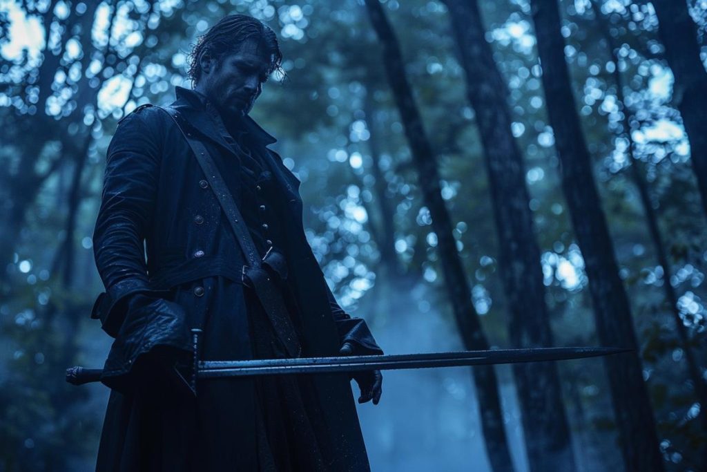 Un homme vêtu de vêtements sombres se tient dans une forêt brumeuse, tenant une épée à deux mains tout en baissant les yeux. La scène a une teinte bleue.