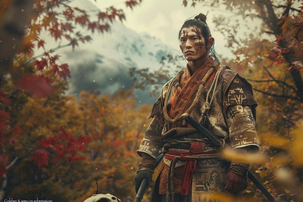 Un homme portant des marques et des vêtements traditionnels se tient dans une forêt avec des feuilles d'automne, tenant un bâton. Des montagnes enneigées sont visibles en arrière-plan.