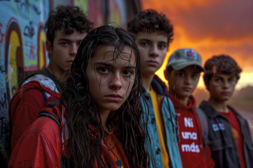 Un groupe de cinq jeunes, vêtus de vêtements décontractés, se rassemblent dehors par temps pluvieux. Le ciel est spectaculaire avec des nuances d'orange. Le personnage central a les cheveux mouillés et une expression sérieuse.
