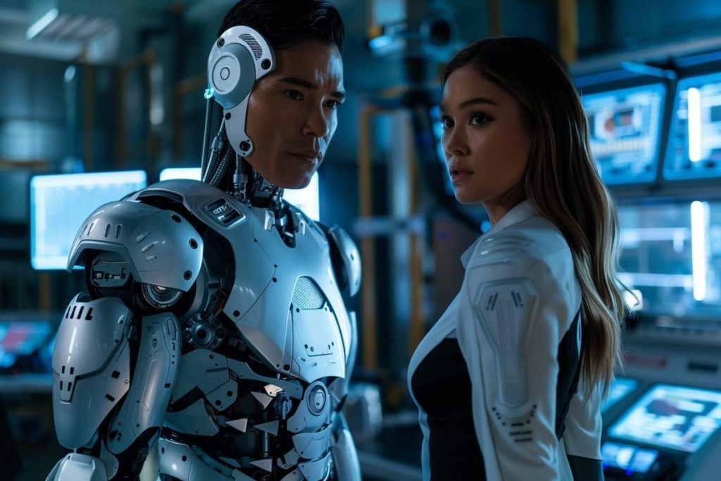 Un robot humanoïde et une femme en tenue futuriste se tiennent dans un laboratoire de haute technologie rempli d'écrans et d'équipements.
