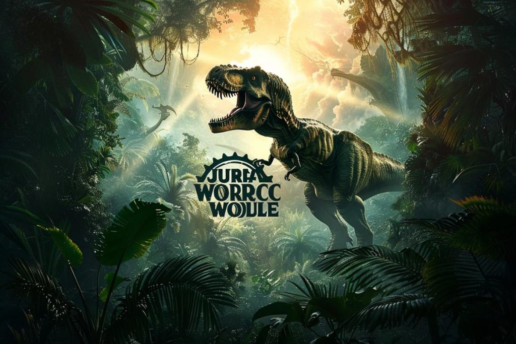 Un grand dinosaure se dresse dans une jungle dense et luxuriante où la lumière du soleil filtre à travers les arbres. Le texte « JURASSIC WORLD » est affiché bien en évidence au centre de l’image.