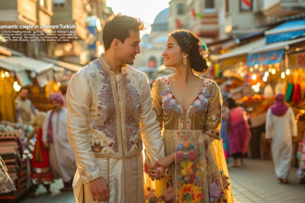 Un couple vêtu de vêtements traditionnels se tient la main en se promenant dans un marché turc animé, entouré d'étals et de gens colorés.