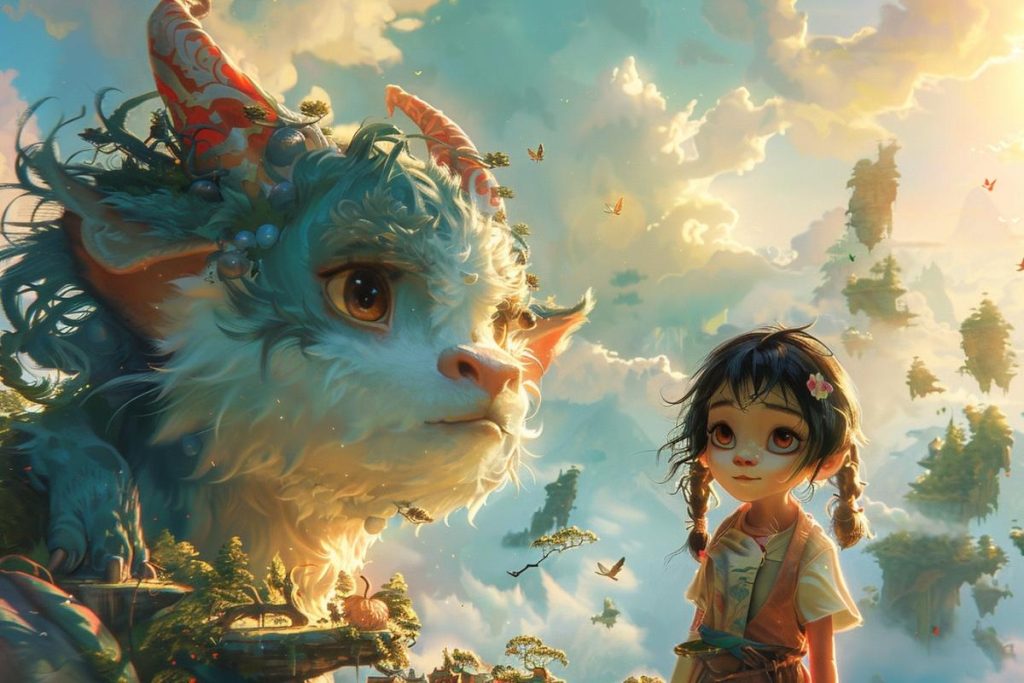 Une jeune fille avec des nattes se tient à côté d’une grande créature amicale dans un paysage insulaire fantastique et flottant avec une verdure luxuriante et des papillons.