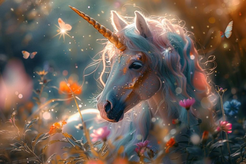 Une licorne majestueuse avec une corne dorée se dresse au milieu d'un jardin magique et vibrant rempli de fleurs, de papillons et de lumières rougeoyantes.