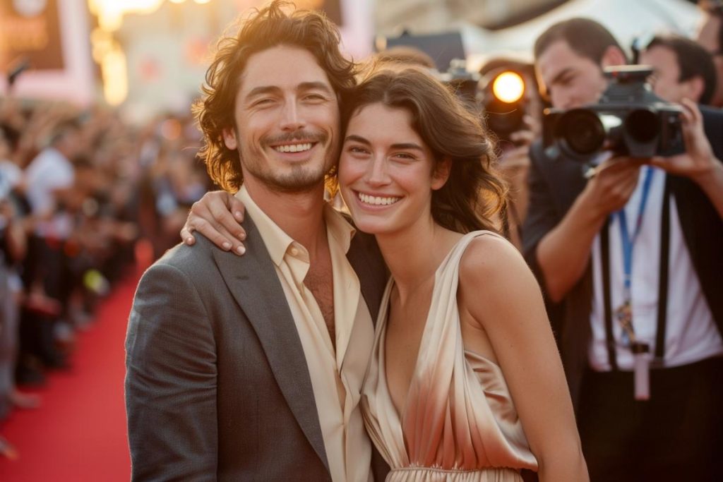 Un homme et une femme sourient et posent ensemble sur un tapis rouge, avec des appareils photo et des photographes en arrière-plan.