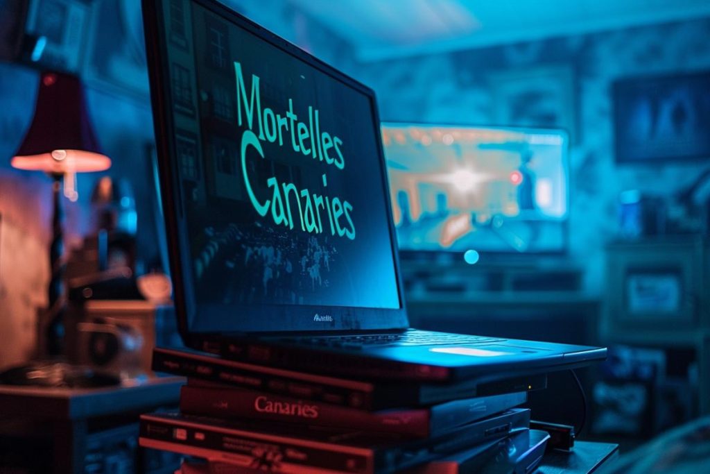 Un ordinateur portable affichant le texte « Mortelles Canaries » est posé sur une pile de livres, avec un écran de télévision flou en arrière-plan. La pièce est baignée de lumière bleue.