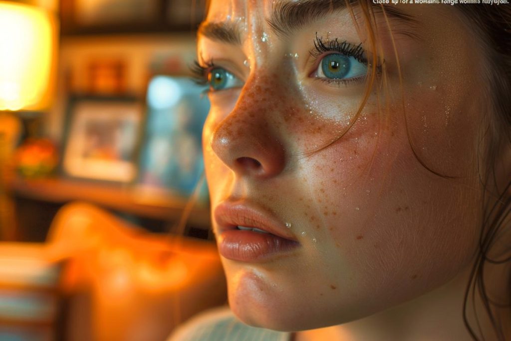 Gros plan d'une femme avec des taches de rousseur et une peau humide, regardant attentivement sur le côté. Elle semble se trouver dans un décor intérieur chaleureusement éclairé avec un arrière-plan flou.