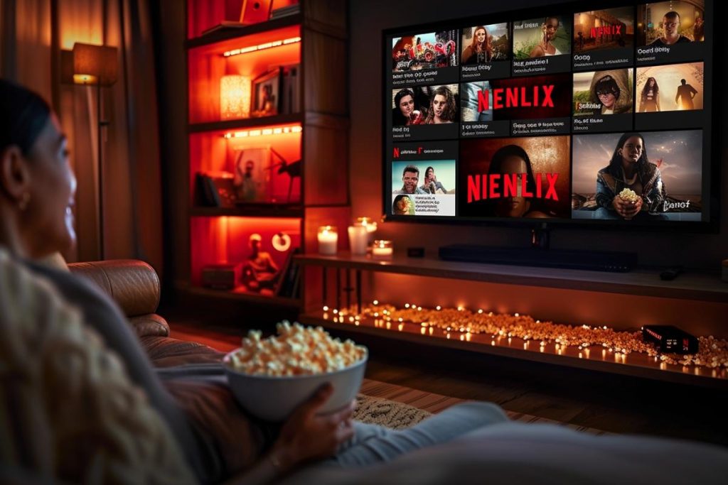 Une personne avec un bol de pop-corn est assise sur un canapé et regarde un service de streaming sur un grand écran de télévision dans une pièce confortable et faiblement éclairée avec des bougies et des étagères en arrière-plan.
