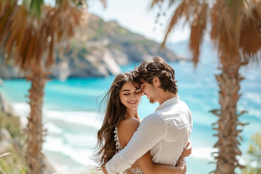 Un couple s’embrasse tendrement près du littoral, avec des palmiers et un océan bleu en arrière-plan.
