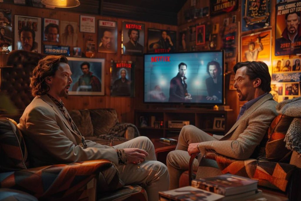 Deux hommes sont assis dans une pièce confortable remplie d'affiches et de souvenirs, regardant une émission Netflix à la télévision. Tous deux sont engagés dans une conversation, l’un d’eux faisant des gestes pendant qu’ils parlent.
