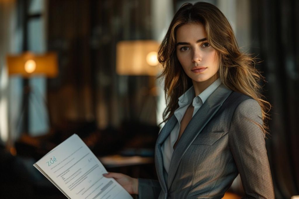 Une femme en costume d’affaires tient un document. Elle se tient à l’intérieur, dans une pièce bien éclairée avec un arrière-plan flou.