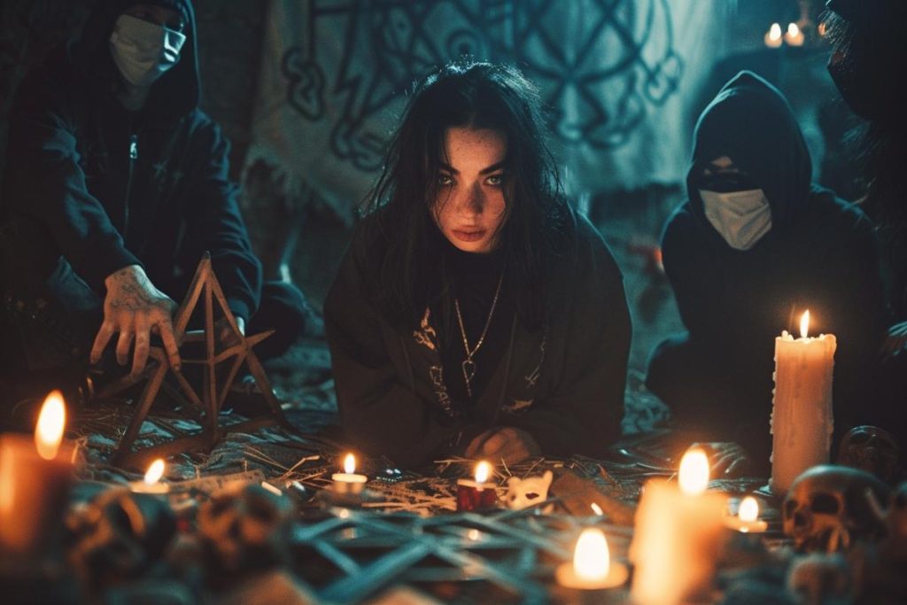 Une personne aux longs cheveux noirs est assise par terre, entourée de bougies allumées, de crânes et d'autres personnes masquées dans une pièce faiblement éclairée avec des symboles occultes sur les murs.