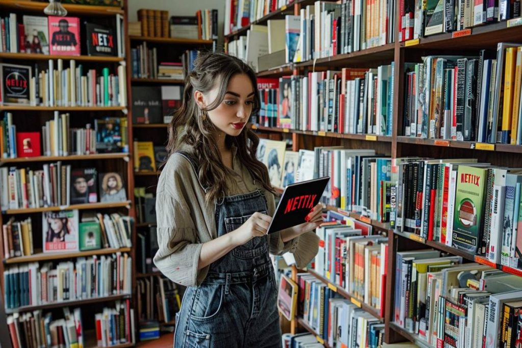 Une jeune femme en salopette utilise une tablette affichant le logo Netflix alors qu’elle se trouve dans une bibliothèque remplie de livres.