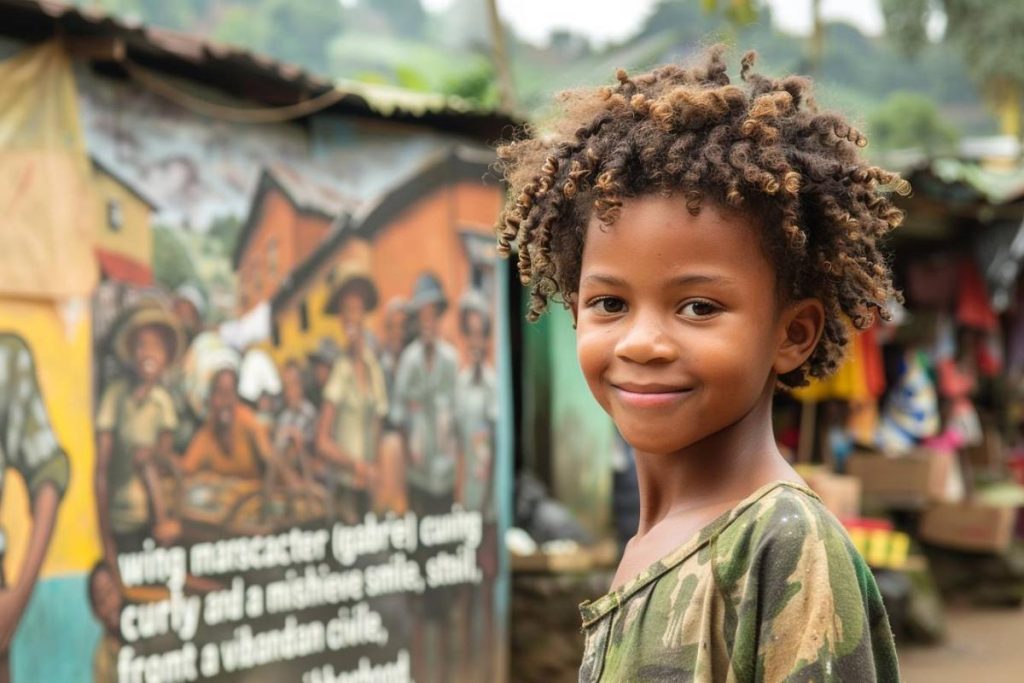 Un enfant aux cheveux bouclés sourit à la caméra sur fond d’art mural coloré et d’étals de marché en plein air.