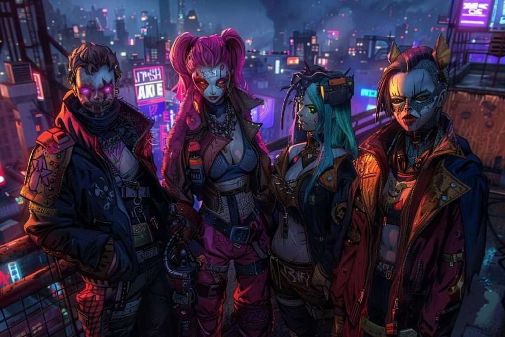 Quatre individus vêtus de tenues futuristes sur le thème du cyberpunk se tiennent sur une plate-forme surélevée surplombant une ville éclairée au néon la nuit.