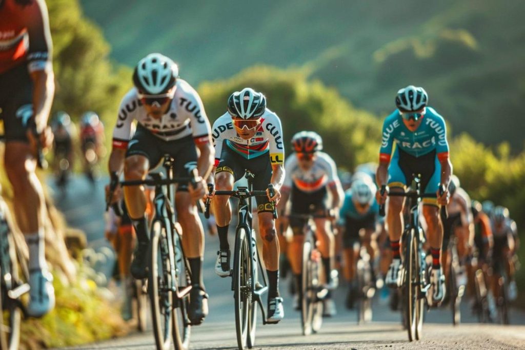 Des cyclistes vêtus de maillots colorés roulent en étroite collaboration sur une route entourée d'arbres et de collines, courant intensément lors d'une épreuve cycliste.