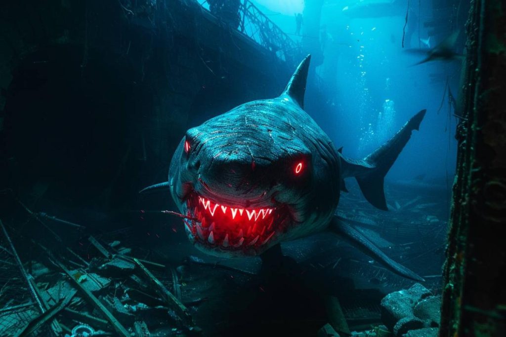 Un grand requin aux yeux rouges brillants et aux dents pointues nageant à l’intérieur d’une épave sous-marine, entourée de débris et d’eau bleu foncé.
