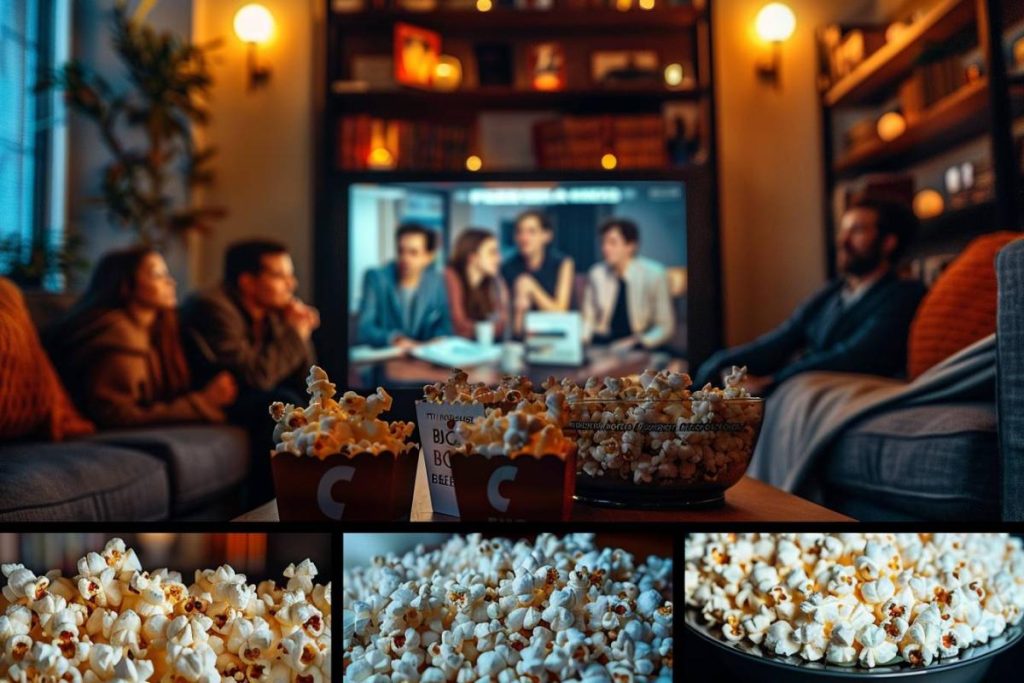Un groupe de personnes assises sur un canapé regardant un film sur un grand écran, avec plusieurs bols de pop-corn posés sur une table au premier plan.
