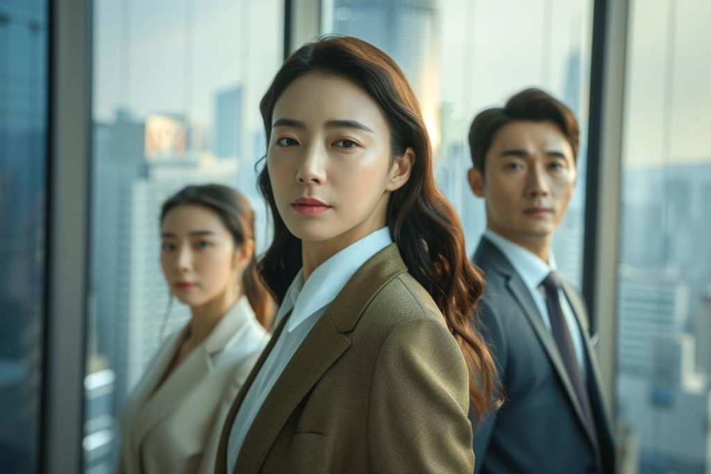 Trois professionnels vêtus de tenues formelles se tiennent devant de grandes fenêtres avec un paysage urbain en arrière-plan. La femme au premier plan regarde directement la caméra.