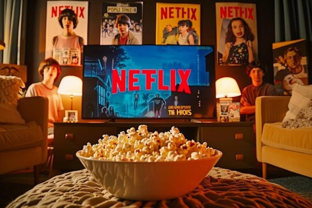 Un bol de pop-corn se trouve au premier plan avec un téléviseur affichant le logo Netflix en arrière-plan. Quatre personnes sont assises et des affiches sur le thème de Netflix sont accrochées au mur derrière elles.