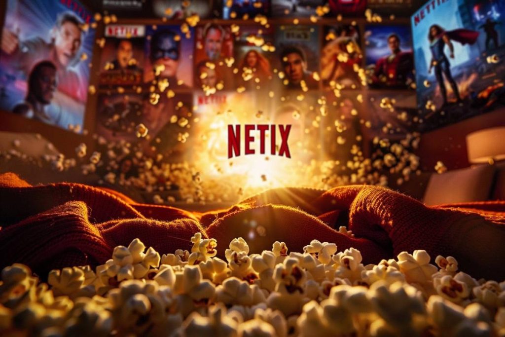 Un logo « NETIX » lumineux est entouré de nombreuses affiches de films avec du pop-corn volant au premier plan.