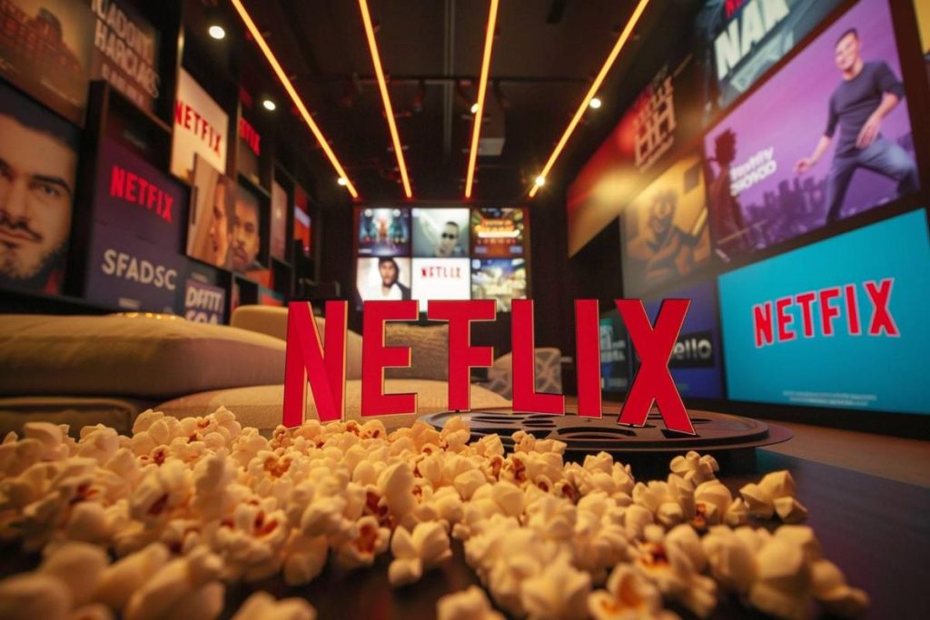 Une salle remplie d'écrans affichant des émissions Netflix, avec un grand logo Netflix rouge entouré de pop-corn renversé au premier plan.
