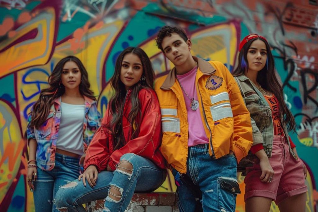 Quatre individus se tiennent devant un mur couvert de graffitis colorés. Ils sont vêtus de vêtements décontractés et colorés et posent avec assurance.