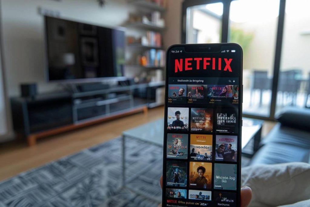 Un smartphone affichant l’application Netflix est placé devant un salon doté d’une grande télévision et d’étagères.