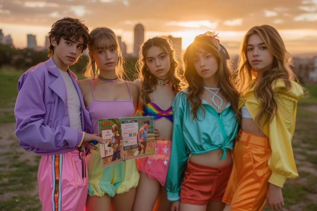 Cinq jeunes personnes vêtues de tenues colorées au coucher du soleil, tiennent un jeu de société intitulé "Wild". L'horizon urbain est visible en arrière-plan.