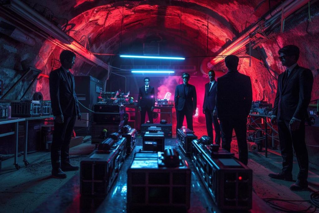 Six personnes en costume se tiennent dans une salle industrielle faiblement éclairée et éclairée en rouge, avec des machines et des équipements électroniques sur des tables autour d'elles, créant une atmosphère tendue.