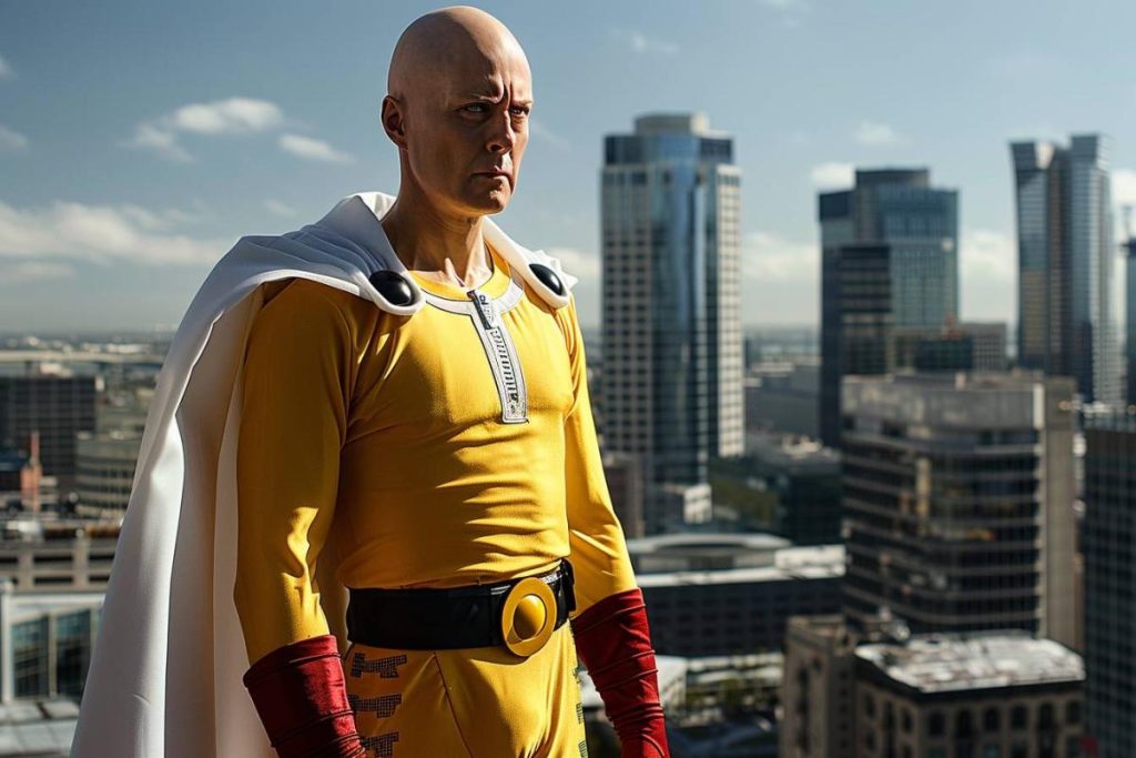 Un homme chauve portant un costume de super-héros jaune avec une cape blanche se tient sur un toit avec un horizon de la ville en arrière-plan.