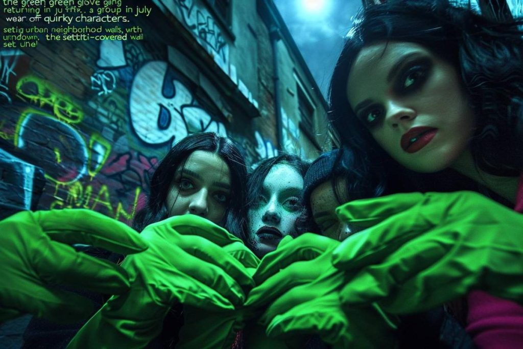 Quatre individus, chacun avec des visages peints et des gants verts, se tiennent rapprochés dans une ruelle urbaine aux murs couverts de graffitis, regardant vers la caméra.