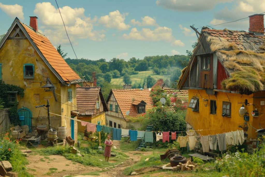 Une personne se tient debout dans un village aux maisons colorées, certaines aux toits de chaume. Des cordes à linge, des plantes et des objets décoratifs sont visibles dans ce cadre rural et pittoresque.