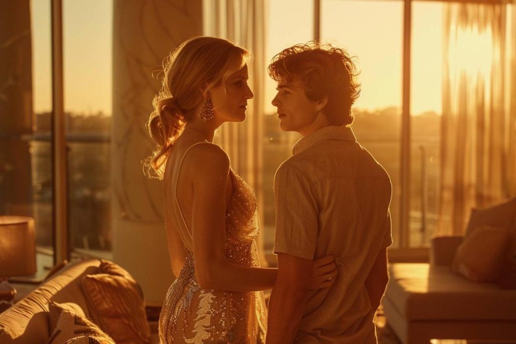 Un homme et une femme se tiennent côte à côte, se regardent, dans une pièce ensoleillée dotée de grandes fenêtres. La femme porte une robe à paillettes et l'homme une tenue décontractée.
