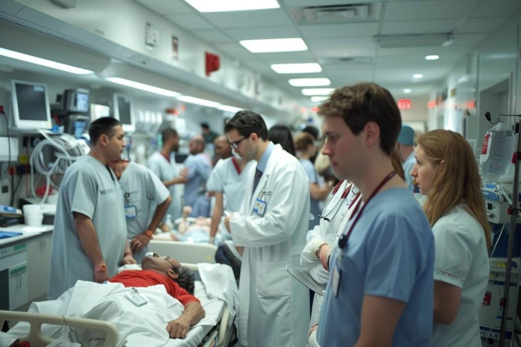 Un groupe de professionnels de la santé dans une chambre d’hôpital s’occupe d’un patient allongé dans un lit. Divers équipements médicaux sont visibles dans la salle.