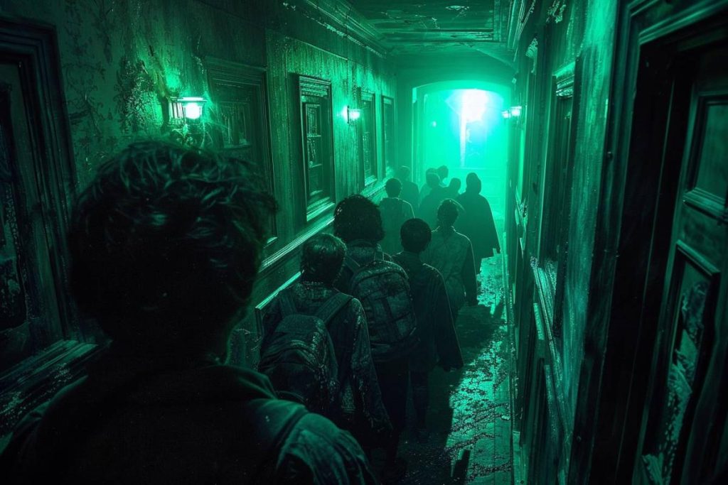 Un groupe de personnes marche dans un couloir sombre et étroit éclairé par une lumière verte, avec des murs et des portes patinés de chaque côté.