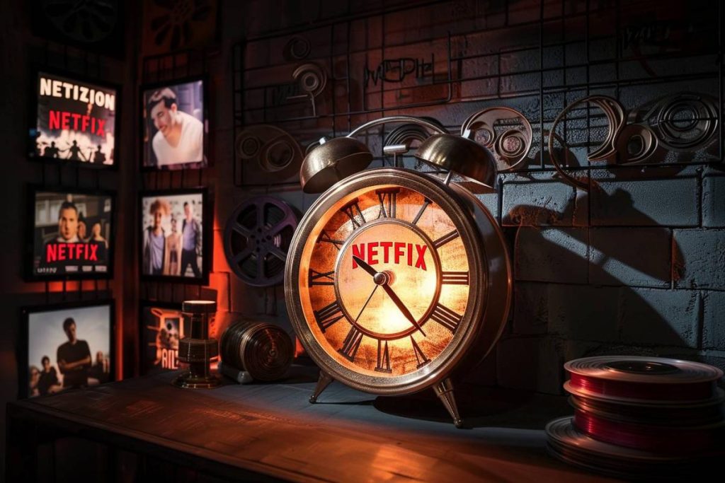 Un réveil de style vintage étiqueté « NETFIX » est posé sur une table au milieu d'un décor sur le thème du cinéma comprenant des bobines de films et des affiches en arrière-plan.