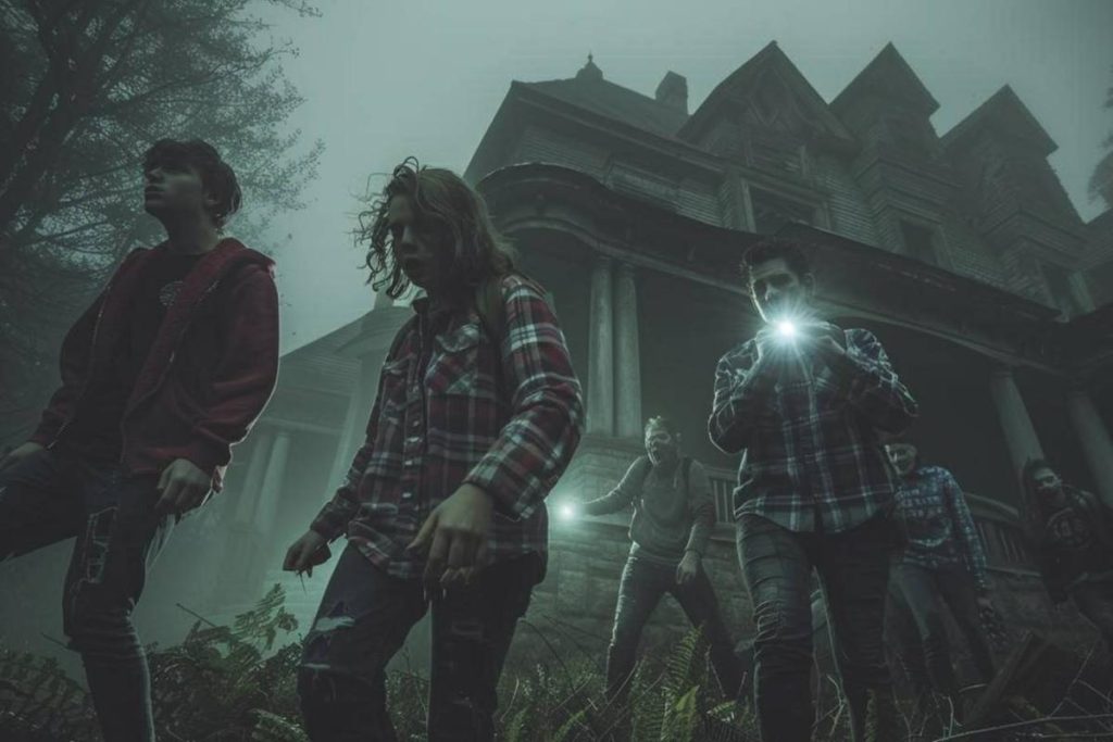 Un groupe de personnes en chemises à carreaux marchent devant une grande maison ancienne et étrange, tenant des lampes de poche dans une zone boisée et brumeuse.