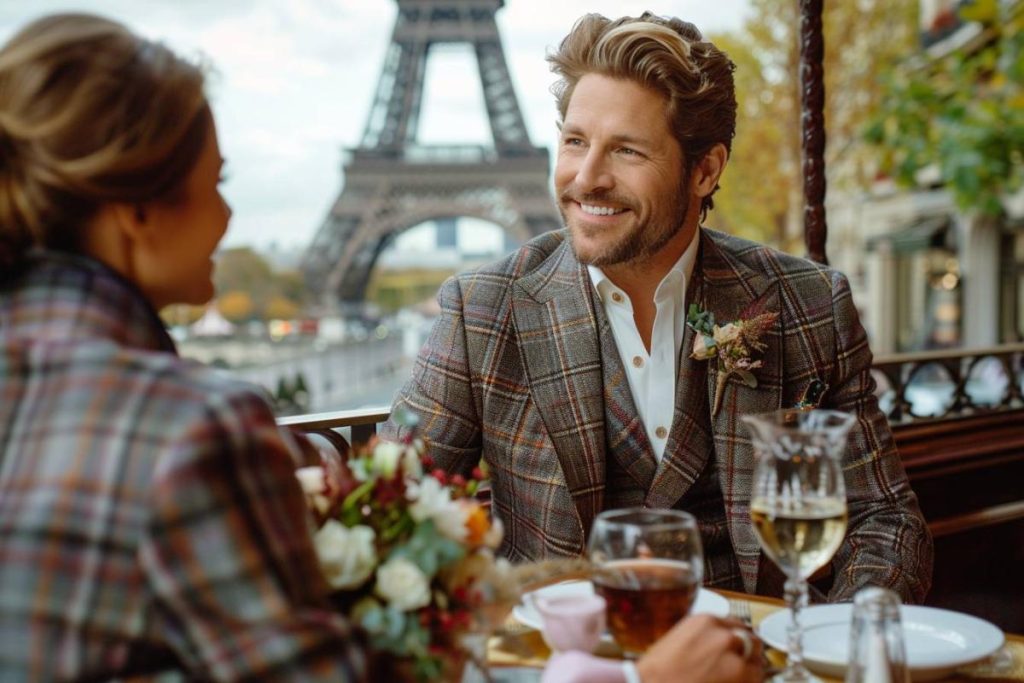 Un homme et une femme, tous deux en costume à carreaux, dînent dans une terrasse de café près de la Tour Eiffel. L'homme sourit à la femme et il y a des fleurs et des verres à vin sur la table.
