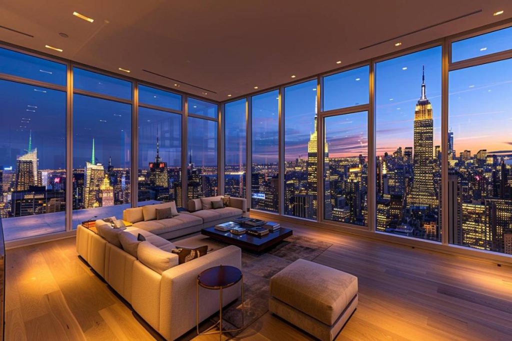 Salon luxueux et moderne avec de grandes fenêtres offrant une vue panoramique sur les toits de la ville au coucher du soleil, avec des gratte-ciel proéminents illuminés sur le ciel du soir.