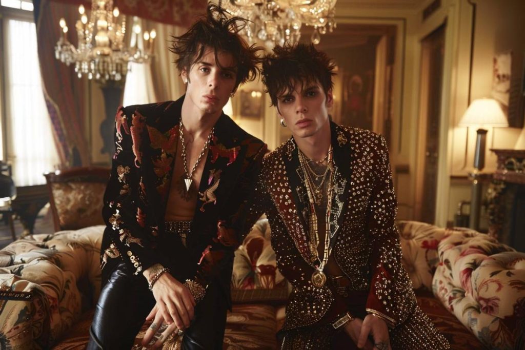 Deux jeunes individus aux cheveux coiffés portent des vestes ornées et cloutées et divers bijoux, assis sur un canapé vintage dans une pièce richement décorée avec des lustres et des meubles anciens.