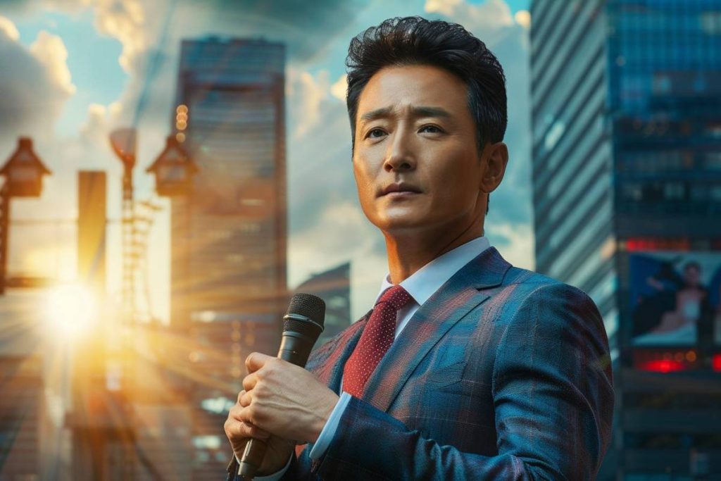 Un homme en costume tenant un microphone se tient à l'extérieur dans un cadre urbain avec de grands immeubles et un coucher de soleil spectaculaire en arrière-plan.