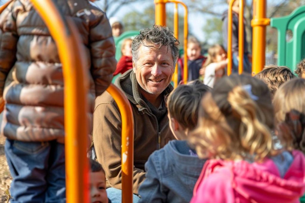Un adulte assis par terre et interagissant avec un groupe d’enfants sur une aire de jeux dotée d’équipements orange.