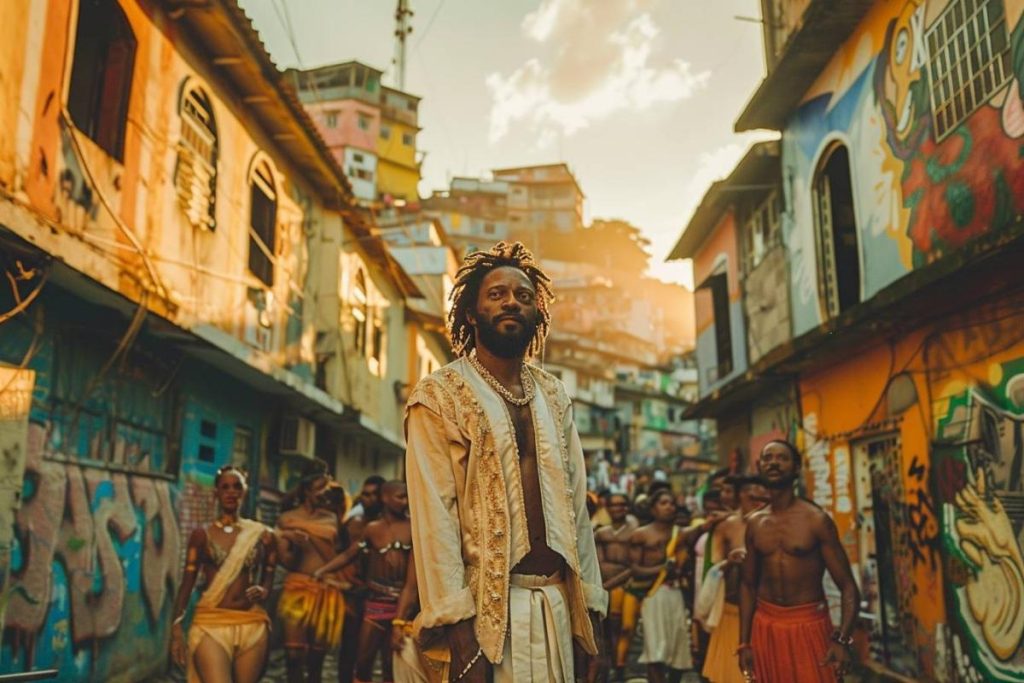 Un homme se tient au centre d’une rue bordée d’immeubles colorés, entouré d’un groupe de personnes. La scène est baignée d’une lumière chaude et dorée.
