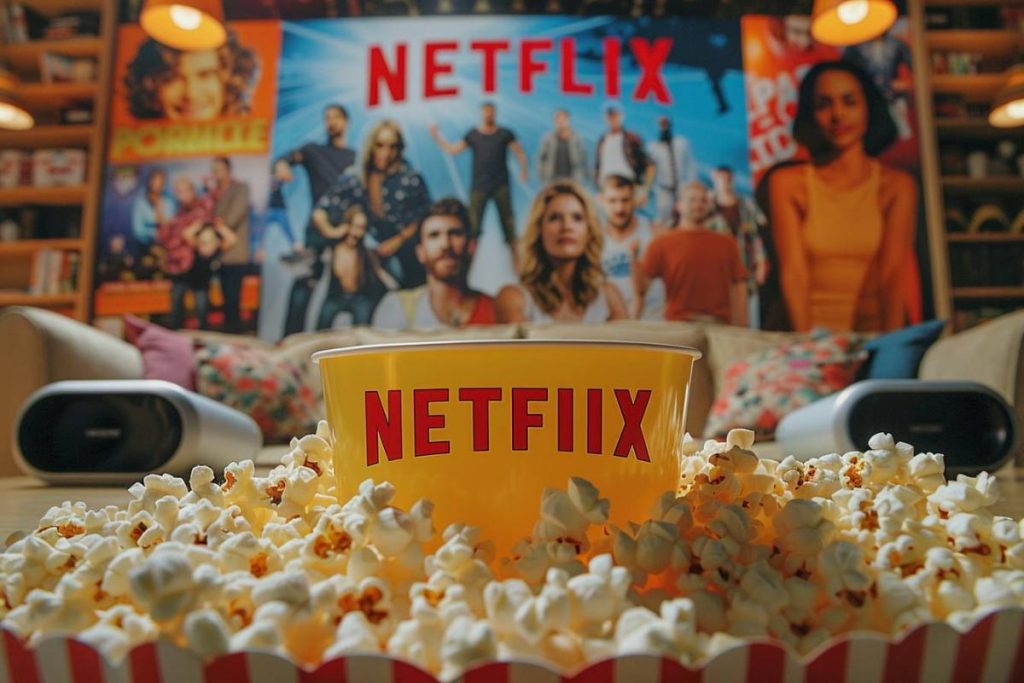Grand pot Netflix jaune rempli de pop-corn au premier plan, avec des affiches de l'émission Netflix affichées en arrière-plan.