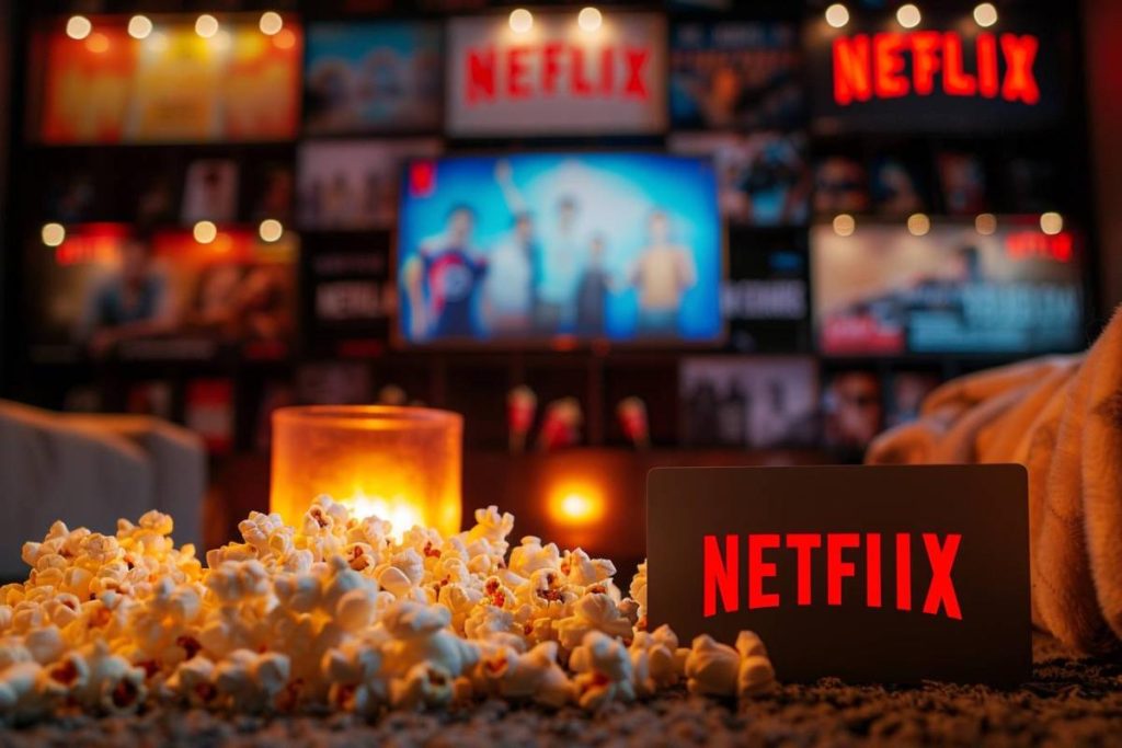 Une pièce présente une configuration Netflix avec une bougie, du pop-corn et un écran de télévision flou en arrière-plan. Le logo Netflix est affiché bien en évidence sur une carte au premier plan.
