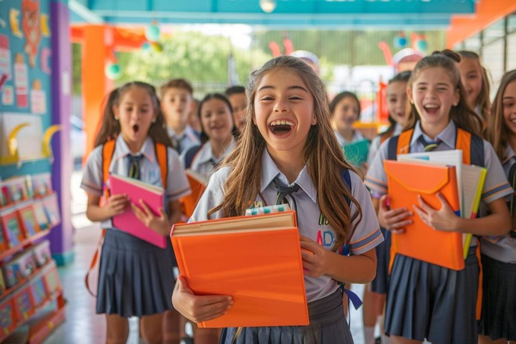 Un groupe d’écoliers en uniforme, souriant et riant, tient des livres et des dossiers colorés tout en se tenant debout dans un couloir d’école aux couleurs vives.