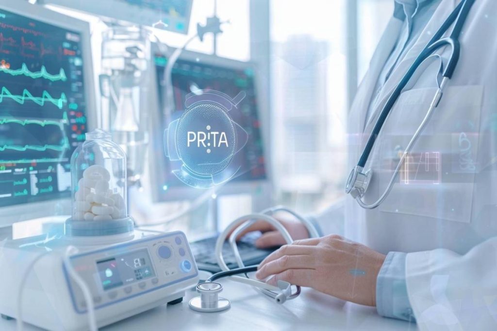 Un professionnel de la santé utilise un ordinateur avec divers équipements médicaux et moniteurs affichant des données en arrière-plan. Le mot « PRI.A » est affiché bien en évidence.