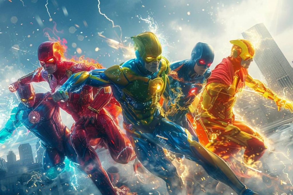 Quatre super-héros vêtus de costumes éclatants, entourés d'électricité, sprintent à grande vitesse à travers un paysage urbain avec des éclairs et des gratte-ciel en arrière-plan.