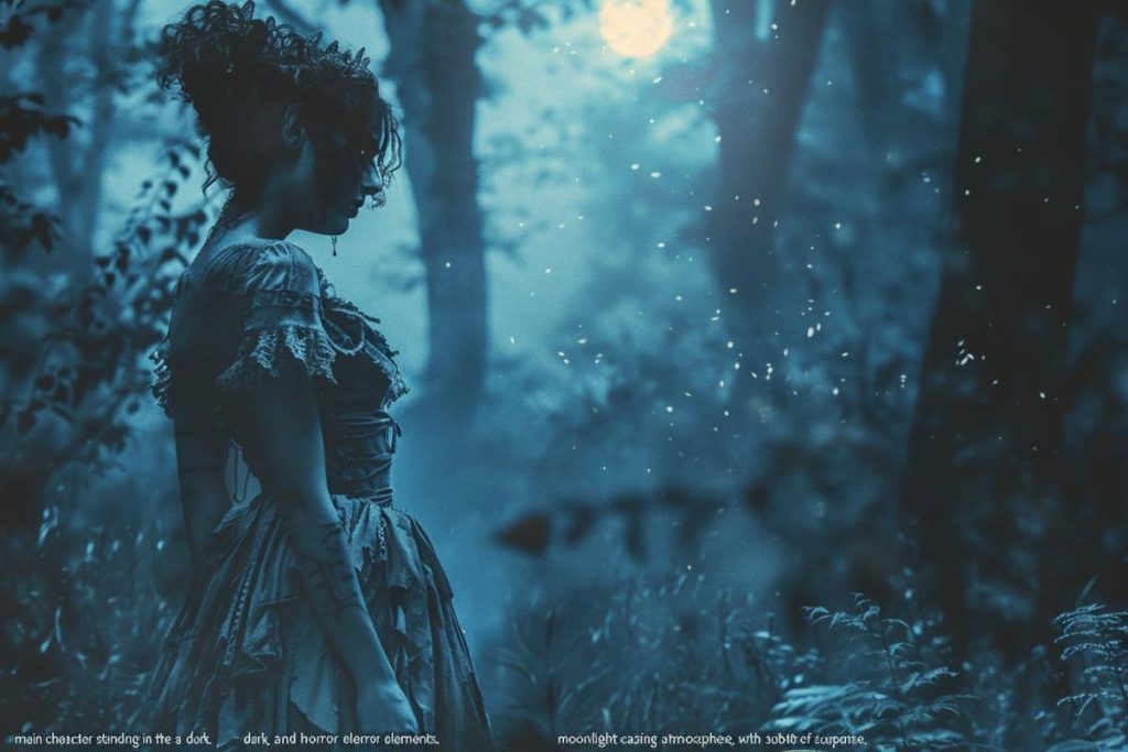 Une personne vêtue d’une robe démodée se tient dans une forêt sombre sous une lune rougeoyante, entourée de lucioles. La scène a une ambiance effrayante et inquiétante.